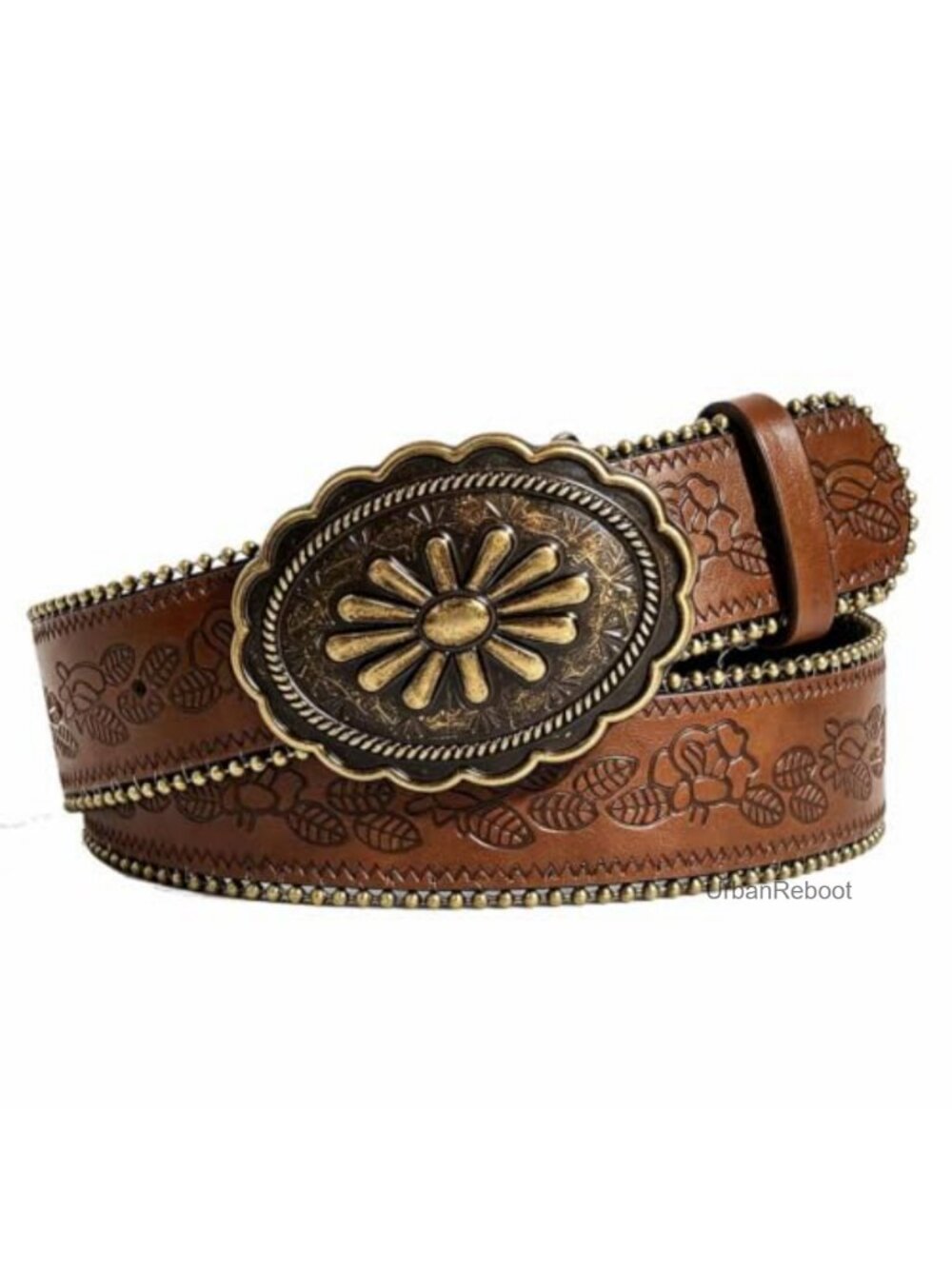 Western Brown Faux Leather Belt Women Cowgirl Embossed Buckle Vintage